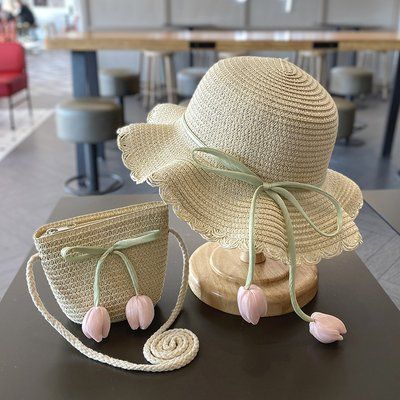 Комплект Соломяний капелюх+сумка для дівчинки Тюльпани бежевий 52-54 фото