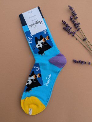 Шкарпетки чоловічі Happy Socks блакитні Кіт демісезонні фото
