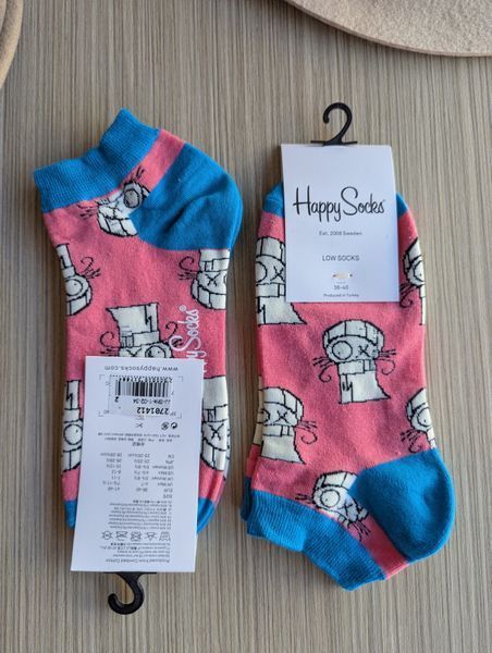 Шкарпетки короткі жіночі Happy Socks рожеві Вусатий кіт демісезонні фото