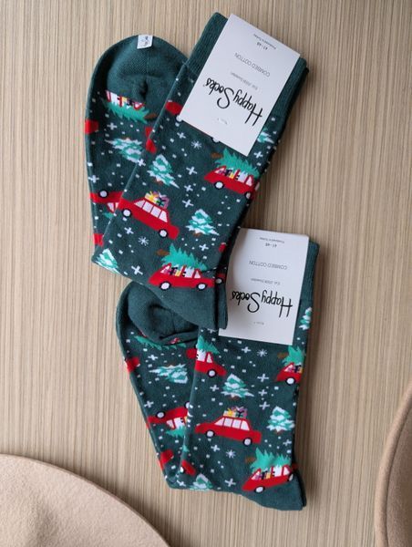 Святкові чоловічі шкарпетки Happy Socks зелені Ялинки демісезонні фото