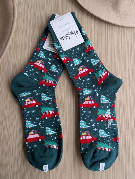 Святкові чоловічі шкарпетки Happy Socks зелені Ялинки демісезонні фото
